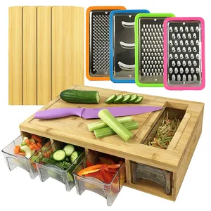 Potted Pans Meal Prep Station Food Chopping Board Set - 4 in 1 Bamboo Cutting Board with Containers, Lids, and Graters
