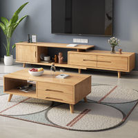 Ensemble Meuble TV et Table Basse Nordique Contemporain Simple en Bois Massif, Support Télescopique Multifonctionnel, Rangement, Couleur Personnalisable, Petit Modèle