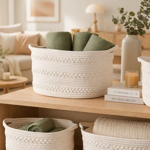 Cotton Rope Woven Storage <b>Basket</b> Round Handmade For Toys Organizing Household Use - Product Image 1
