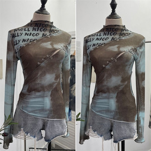 Women's Retro Casual Bottom Long Sleeve T-Shirt Sexy Hollow Out Tie Dye Print Irregular Mesh Hot Girl <strong>Y2K</strong> <strong>Top</strong> - Product Image 3