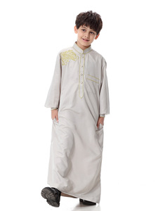 N041 Oriente Medio niño musulmán Color sólido poliéster Thobe Thawb bordado hecho a mano Daffah Thobe para niños <span class=keywords><strong>Haramain</strong></span> vestido islámico - Product Image 4