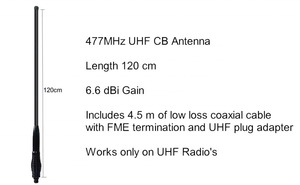 Antenne CB UHF 477 MHz 6,6 dBi 120 cm, antenne tout-terrain robuste 4x4 avec câble RG58 de 4,5 m - Product Image 4