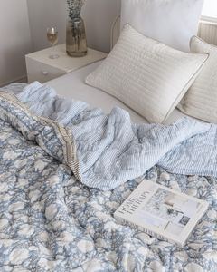 Indian Hand Block Print Dusty <b>Blue</b> Cotton Quilt Floral Bedspread Queen Comforter Soft All Season <b>Blanket</b> - Product Image 5
