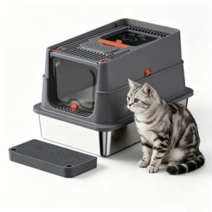 Venta al por mayor de fábrica: Caja de arena para gatos de acero inoxidable de 20L, completamente cerrada, resistente a olores, antisalpicaduras, portátil. - Product Image 1