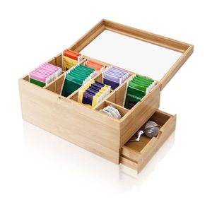 Eco-friendly Multi Functional Compartment Bamboo Tea Bag Storage Box Bamboo Wood Tea Storage Box