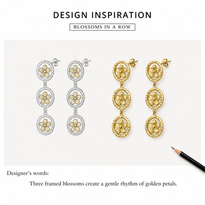 Pendientes Colgantes con Medallón Floral de Acero Inoxidable, Chapados al Vacío en Oro de 14K, con Tres Flores en Forma de Círculo, 42mm - Product Image 2