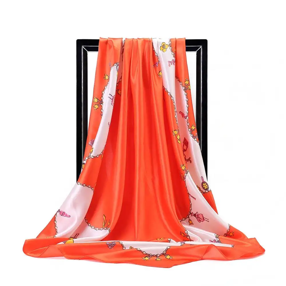 Fashion Floral Printed Silk Scarf Fashion Foulard Satin Shawl Scarfs Big Size 90*90cm Square Hair Head Scarves Women Bandana