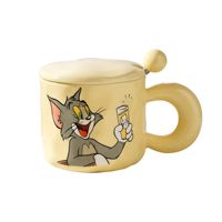 Vente flash - Tasse en céramique de style vintage avec design de dessin animé Tom et Jerry, résistante aux hautes températures, en porcelaine jaune, avec couvercle et cuillère