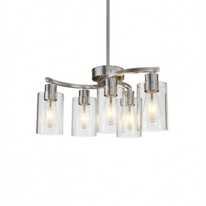Suspension 6 lumières en nickel brossé avec abat-jour en verre transparent, réglable, pour salle à manger et cuisine, base d'ampoule E26 - Product Image 1