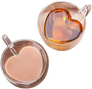 Venta al por mayor taza de café encantador-O351-taza de café transparente de doble pared, vasos de té y cerveza con forma de corazón de cristal transparente