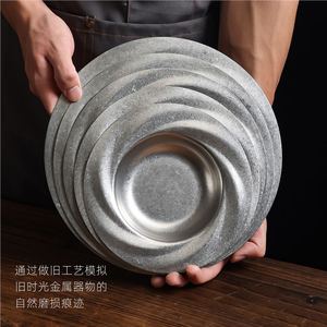 Retro Stainless Steel Plate Industrial Style Round Shallow Dish For Salad Pasta Serving - Product Image 1