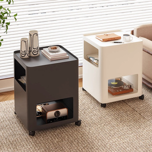 Simple Cream Nightstand With Led Lighting Movable Storage Cabinet For Living Room Sofa Side Table - Product Image 2