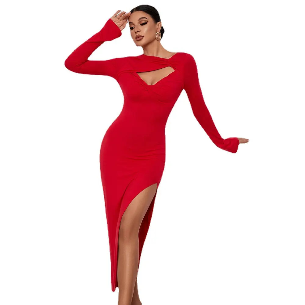 Best selling fashion sexy long dress slim sheath dress covering buttocks with slit dress for women
