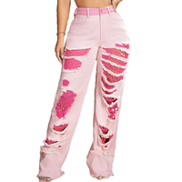 Mode Vrouwen Loose Fit Gewassen Verzwakte Jeans Oem Custom Colorblocked Ripped Ruwe Zoom Denim Broek