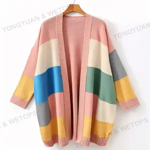 Cardigan personnalisé surdimensionné en tricot multicolore pour femmes, vêtements de grande taille, longs à motifs tricotés, nouvelle collection 2023