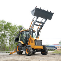 Cargadora retroexcavadora 4x4 versátil con sistema de enganche rápido y accesorios como martillo perforador y horquilla para trabajos multipropósito