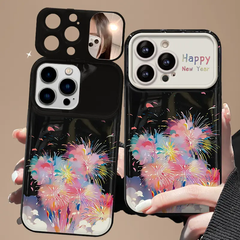 Nice Fireworks Printing Camera Mirror Stand Holder TPU Phone Cover Case For Iphone 6 7 8 Plus X Xr XS 11 12 13 14 15 Pro Max