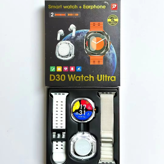 Newest D30 Ultra Smart Watch With Transparent Earbuds Set Amoled Health Compass Travel Fashion Relojes Inteligentes Unisex
