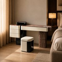 Table de toilette de luxe avec plateau en marbre naturel, finition laquée haute brillance, table de maquillage avec plusieurs tiroirs de rangement pour chambre à coucher