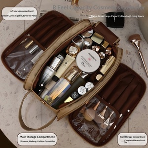 Bolsa de Maquiagem de Viagem de Grande Capacidade com Três Camadas, Zíperes Duplos em U, Fecho Magnético, Suporte para Pincéis e Organizador com Proteção em TPU - Product Image 3