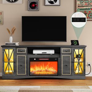 Wooden floor cabinet with fireplace, TV stand, <b>sliding</b> barn door, American country style, media room - Product Image 2