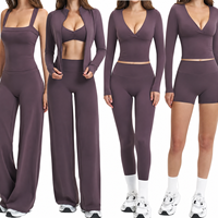 Ensemble de 7 pièces de vêtements de sport pour femme avec logo personnalisé, comprenant : soutien-gorge de sport, débardeur, veste zippée, leggings, shorts et pantalon large.