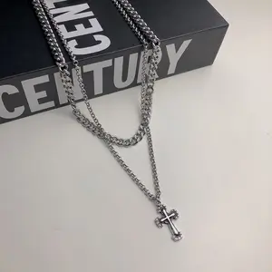 Fashion Jewelry Set Women Minimalist 316L Stainless Steel Double Chain Men Cross Pendant Christian Catholic Religious For Gift