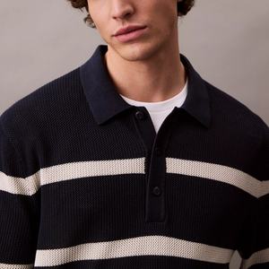Jacquard Knitted Man Pullover Relaxed Fit Long Sleeve Cotton Front Button Collar <strong>Black</strong> and White Striped <strong>Polo</strong> Sweater - Product Image 2