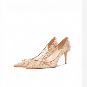 Sandali con <span class=keywords><strong>tacco</strong></span> sottile a fiori ricamati in rete da donna con <span class=keywords><strong>tacco</strong></span> <span class=keywords><strong>medio</strong></span> <span class=keywords><strong>décolleté</strong></span> eleganti con <span class=keywords><strong>tacco</strong></span> <span class=keywords><strong>medio</strong></span> e nodi a fiocco scarpe da sposa - Product Image 2