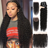 Paket Rambut Bundel Grosir dengan Closure 4*4, Rambut Keriting Alami Warna Natural, Paket Rambut Bundel Brasil Murah untuk Wanita Kulit Hitam