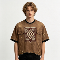 T-shirt Homme Oversize en Coton à Manches Courtes, Style Streetwear, Grammage Lourd, Lavage Vintage, Effet Usé, avec Poche à Motif Totem Géométrique