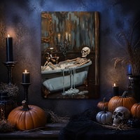 Tableau mural Squelette dans la baignoire, Toile d'Halloween amusante, Impression sur toile tendue vintage gothique sombre pour salle de bain, Décoration d'intérieur effrayante