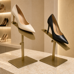 Expositor de Zapatos AURORA Clásico de Acero Inoxidable, Ajustable en Altura, para Zapatos de Tacón Alto, Uso en Boutiques - Product Image 1