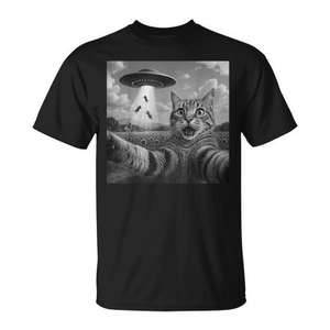 Camiseta con gráfico Alien Cat Selfie Ufo, color negro, unisex, talla para adultos - Product Image 1