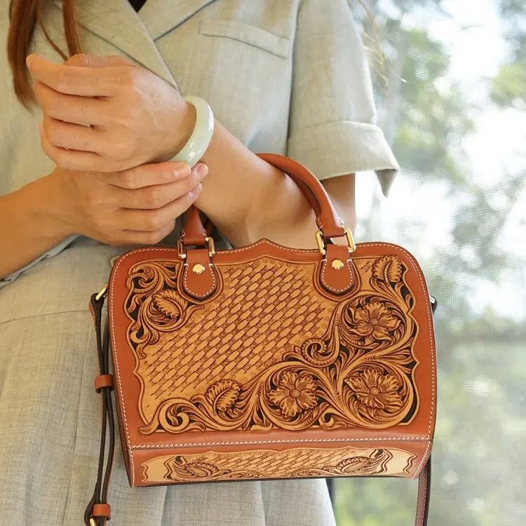 Elegant Bags Handmade Square Chinese Style Flower Pattern Genuine Leather Clutches For Woman Handbag Sh
