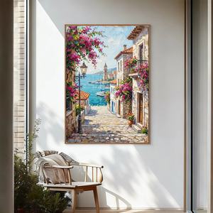 Pintura al Óleo de Callejón Mediterráneo, Paisaje Costero, Lienzo Pintado a Mano, Arte Mural Realista con Flores y Mar - Product Image 6