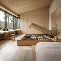 Lit plateforme tatami intégré sur mesure, style Forêt nordique et Fjord norvégien, avec armoire en bois, pour maison de montagne