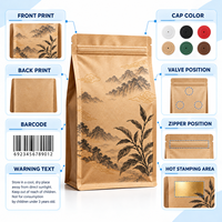 Sachet personnalisé en papier kraft sans fenêtre pour thé Pu'er, scellé sur huit côtés avec fermeture éclair, pour la vente au détail et en gros