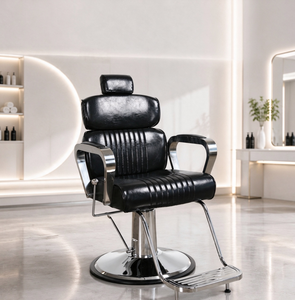 Sillón de Barbero de Cuero PU Negro, Silla de Salón Reclinable con Elevación Hidráulica, Reposapiés Ajustable, Base Redonda para Barbería - Product Image 1