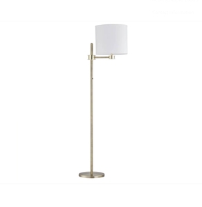 Lámpara de pie de tubo de hierro niquelado cepillado con pantalla de tambor e interruptor de pie para decoración de hoteles - Product Image 1