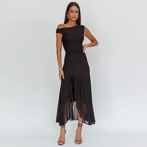 Vestido midi con abertura en un hombro para mujer, elegante, transpirable, con dobladillo en forma de Y, para la noche. - Product Image 2