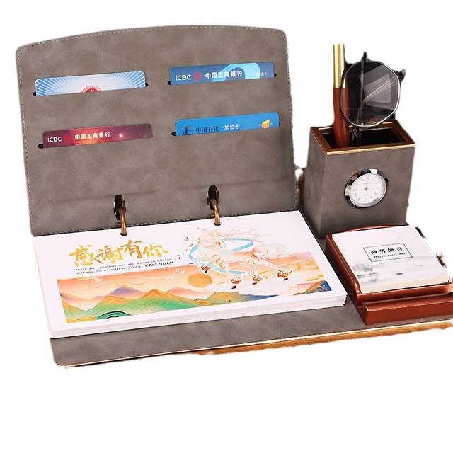 Desk Pen Holder Calendar Multi-colors PU Leather Durable Custom Logo Desktop Organizer Executive Table Calendar Accessories