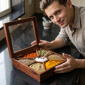 Boîte à épices en bois CH avec couvercle en verre, compartiments sculptés, design traditionnel pour le rangement en cuisine - Product Image 1