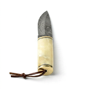 Couteau utilitaire à lame fixe en acier Damas, fabriqué à la main, avec manche en os lisse et poinçon en laiton, outil de découpe - Product Image 1
