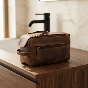 Trousse de Toilette Vintage en Cuir Taille Moyenne avec Fermeture Éclair et Poignée Souple pour Hommes - Product Image 3