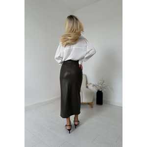 Wholesale <b>Grey</b> Slit <b>Pencil</b> <b>Skirt</b> with Decorative Dot Print Placket Spandex and Chiffon Knitted Fabric Natural Waistline - Product Image 1