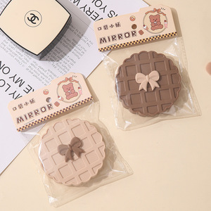 Pocket <b>Mirror</b> Biscuit Shape Round Makeup Travel Portable <b>Mirror</b> Coffee Color Off <b>White</b> Folding <b>Mirror</b> For Girls - Product Image 1