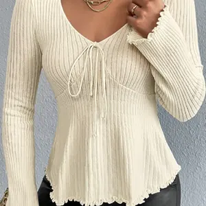 2024, Женский Новый Свободный вязаный пуловер с V-образным вырезом и завязкой, юбка с оборками и краями, свитер
