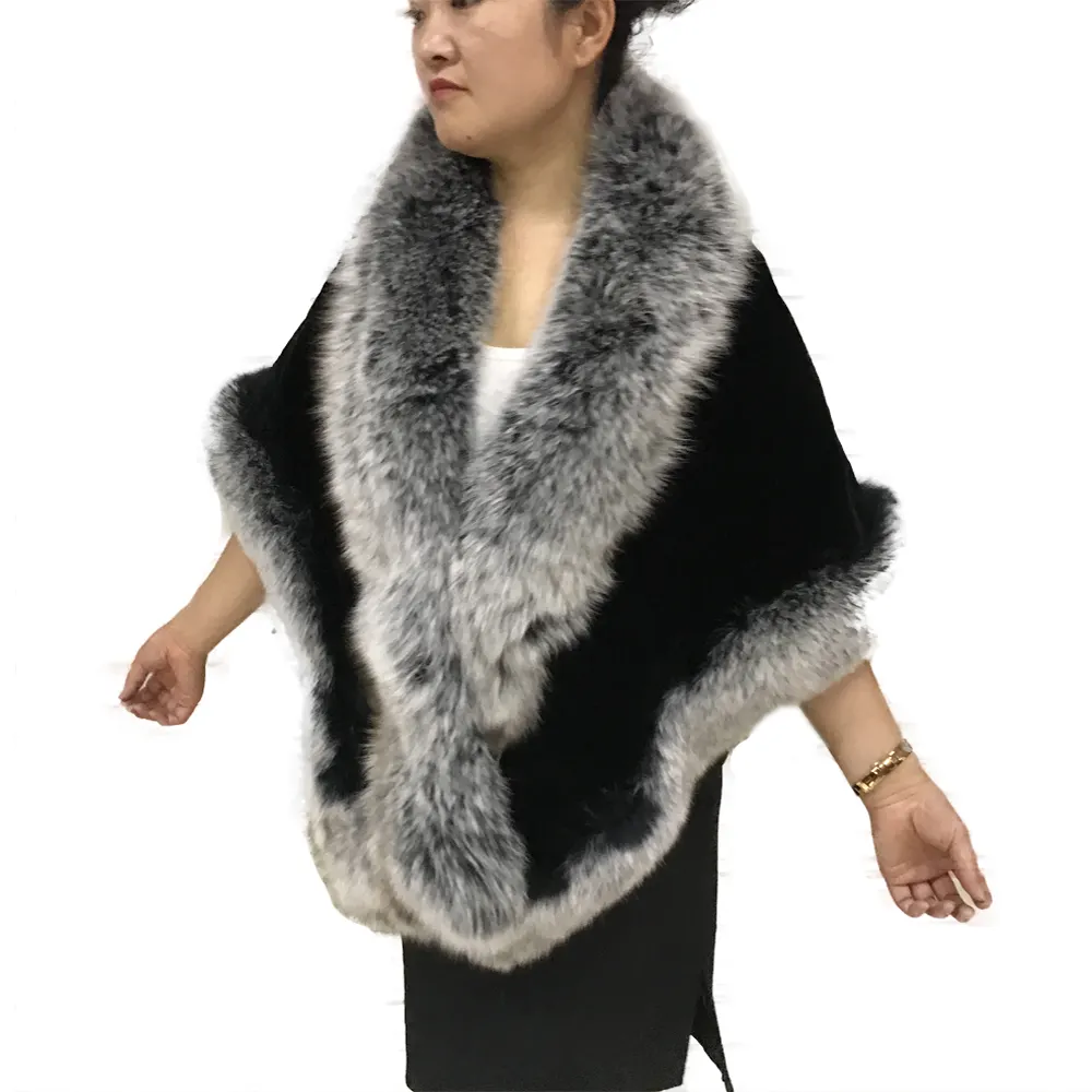 Winter fashion rex rabbit fur wraps custom color real fox fur shawl for women