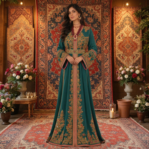 Vestido Maxi Marroquí de Terciopelo Bordado a Mano Emerald Serenity, Elegante para Mujeres Musulmanas, Ropa de Fiesta, Verde Esmeralda Refinado - Product Image 1